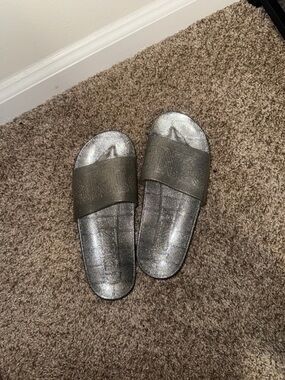 PINK Victoria's Secret Silver Metallic Slide Sandals